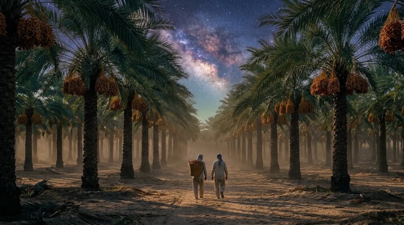 نخلستان بارور جنوب ایران زیر آسمان پرستاره؛ دو کارگر محلی با سبد خرما میان نخلها