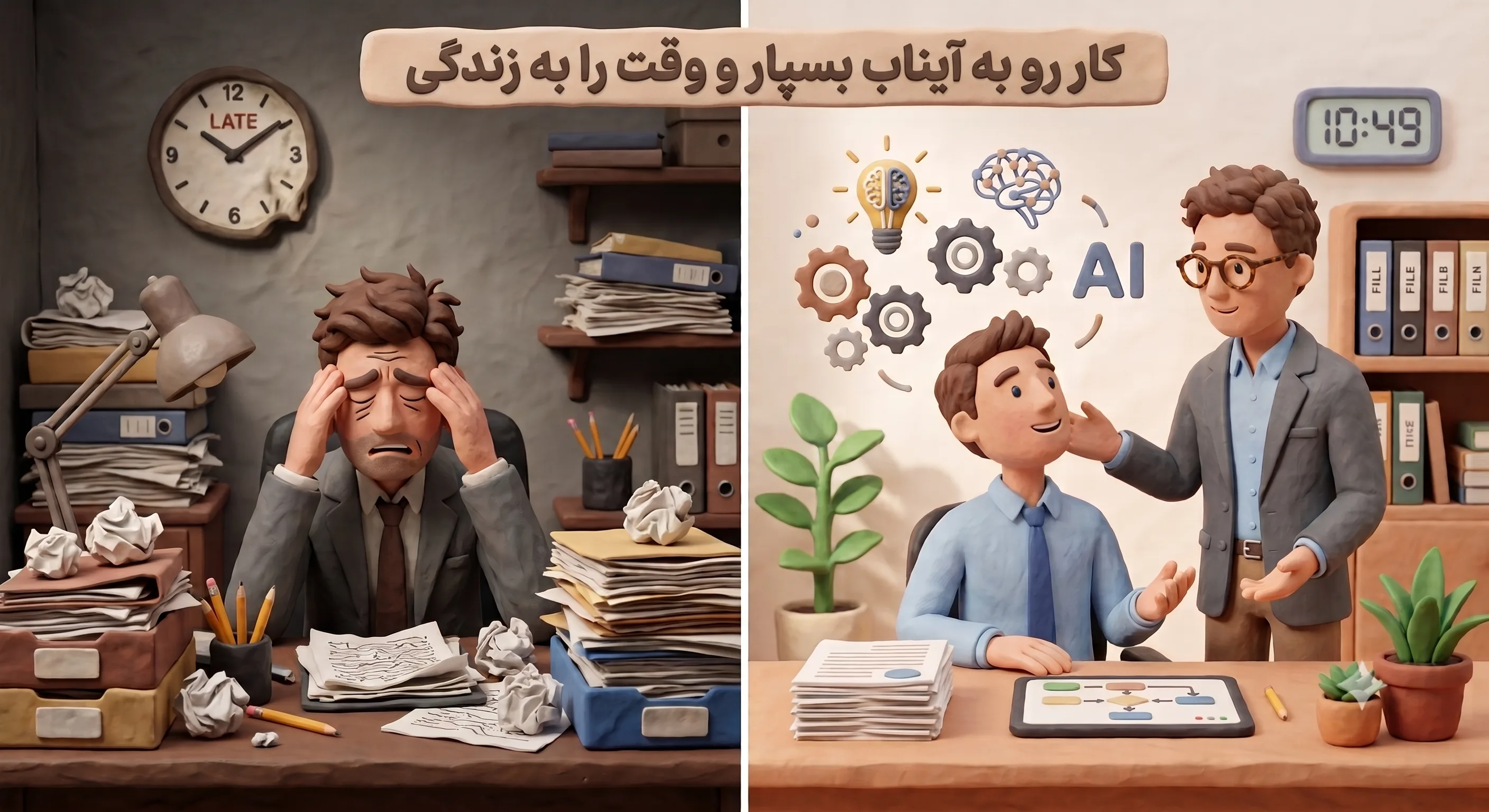 کار را به آیناب بسپار، وقت را به زندگی — نمای قبل و بعد از سپردن کارها به آیناب